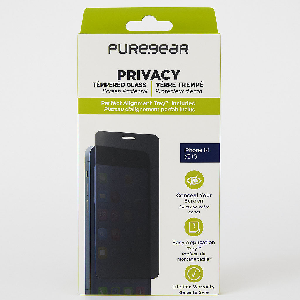 PureGear 2-Way Privacy Tempered Glass Screen Protector for Apple iPhone 14, 6.1 inch